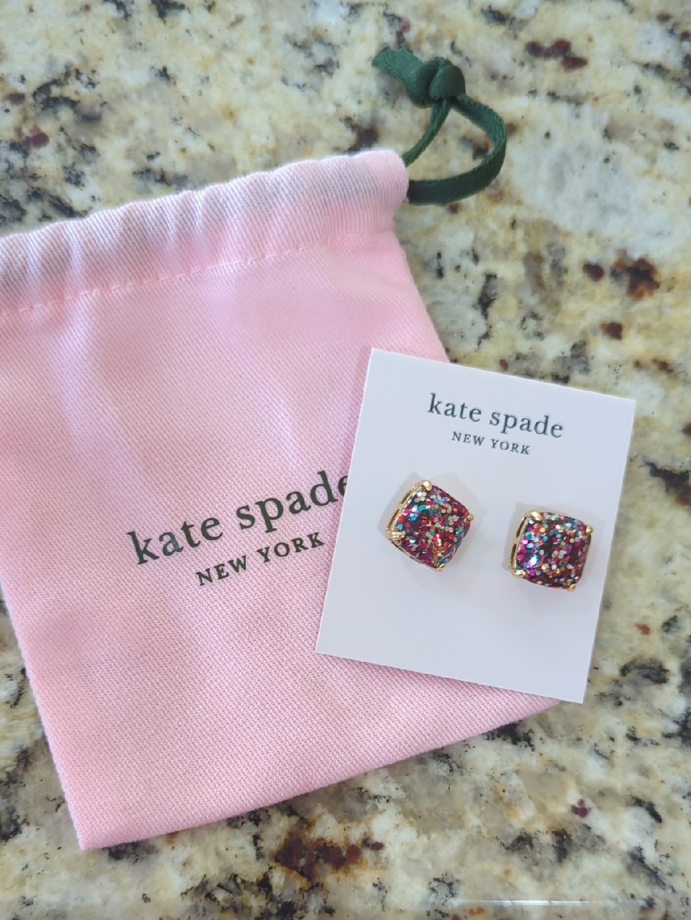 kate spade Multicolor Glitter Square Stud Earrings with Pink Pouch